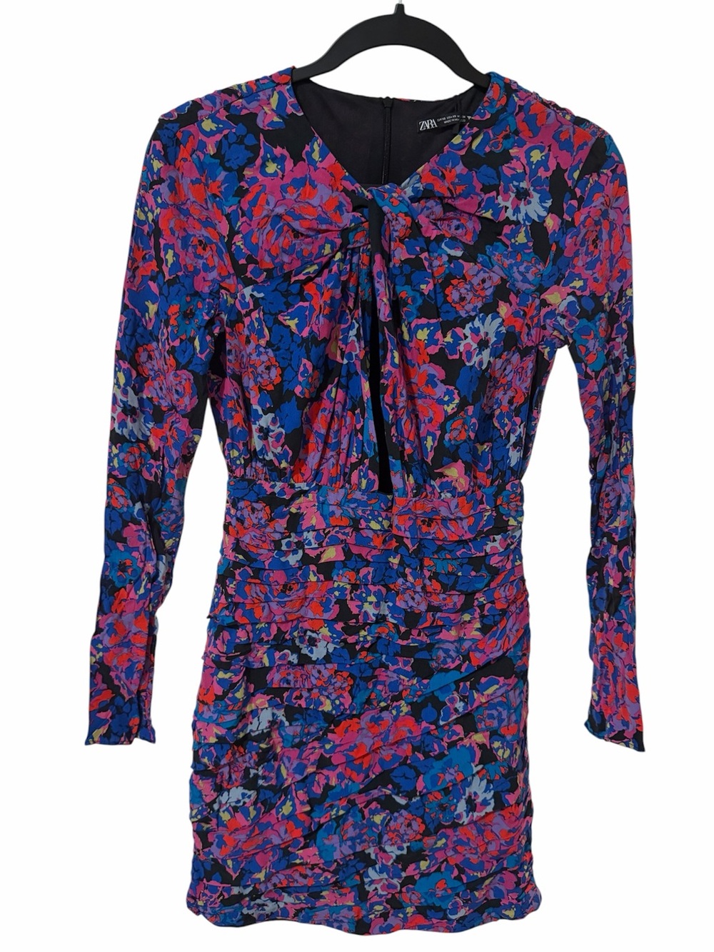 Zara Blue Pink Floral Tie-Neck Long Sleeve Tunic